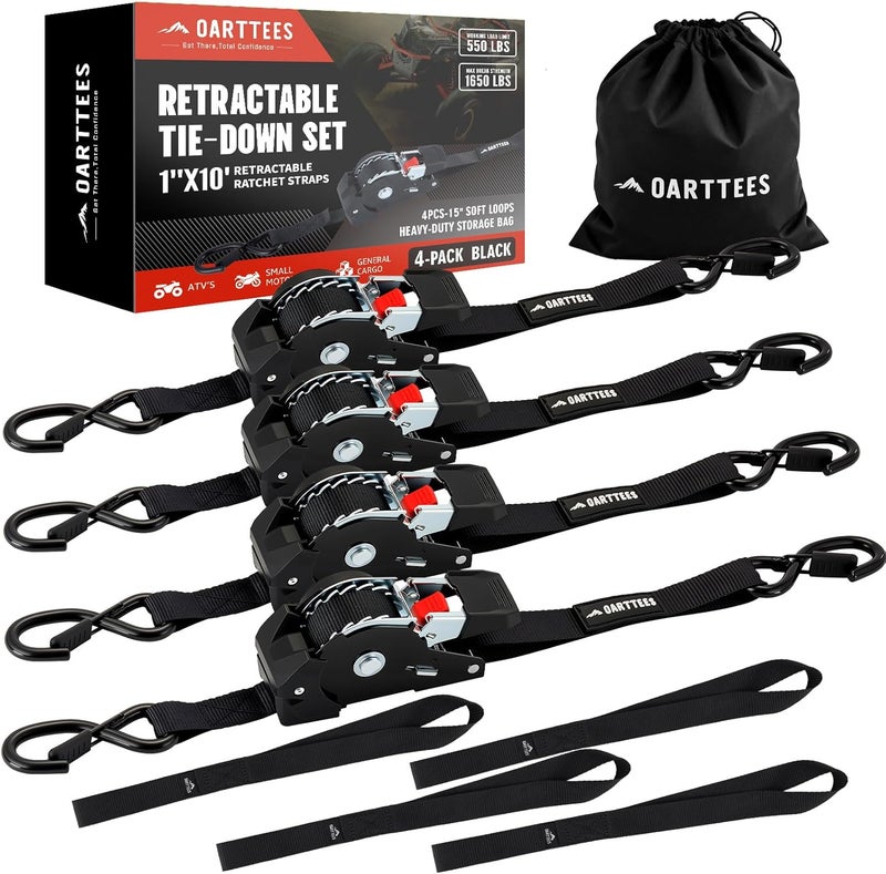 OARTTEES Retractable Ratchet Straps (4-Pack) - 1 Inch x 10 Feet (1,650lb Break Strength) - Heavy Duty Auto Self Retracting Tie Down Straps for Truck, Cargo Trailer, Motorcycle, ATV, UTV - Black - Image 1